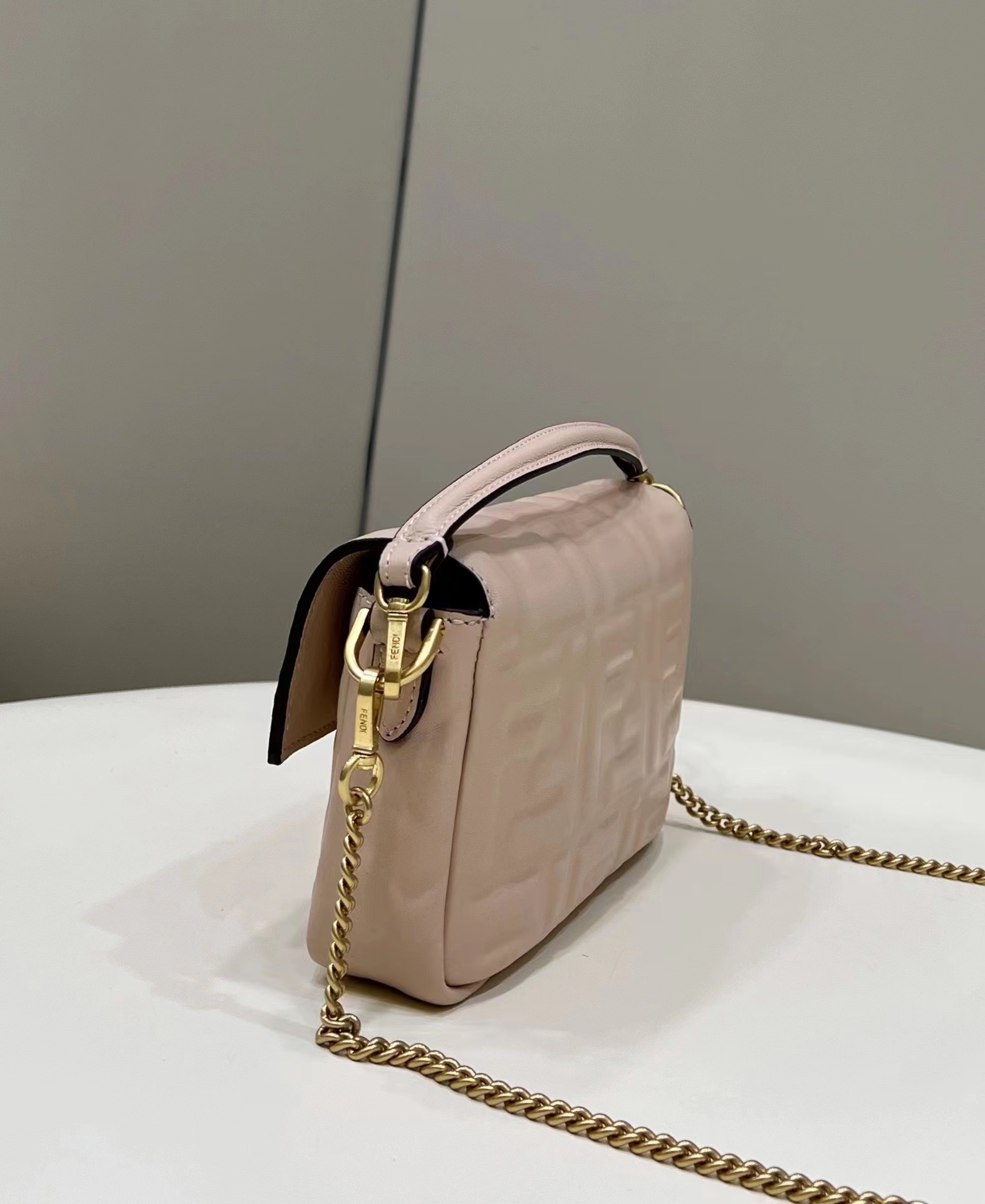 Fendi Mini Baguette Nappa Leather 3D-effect FF Shoulder Bag Shrimp Pink